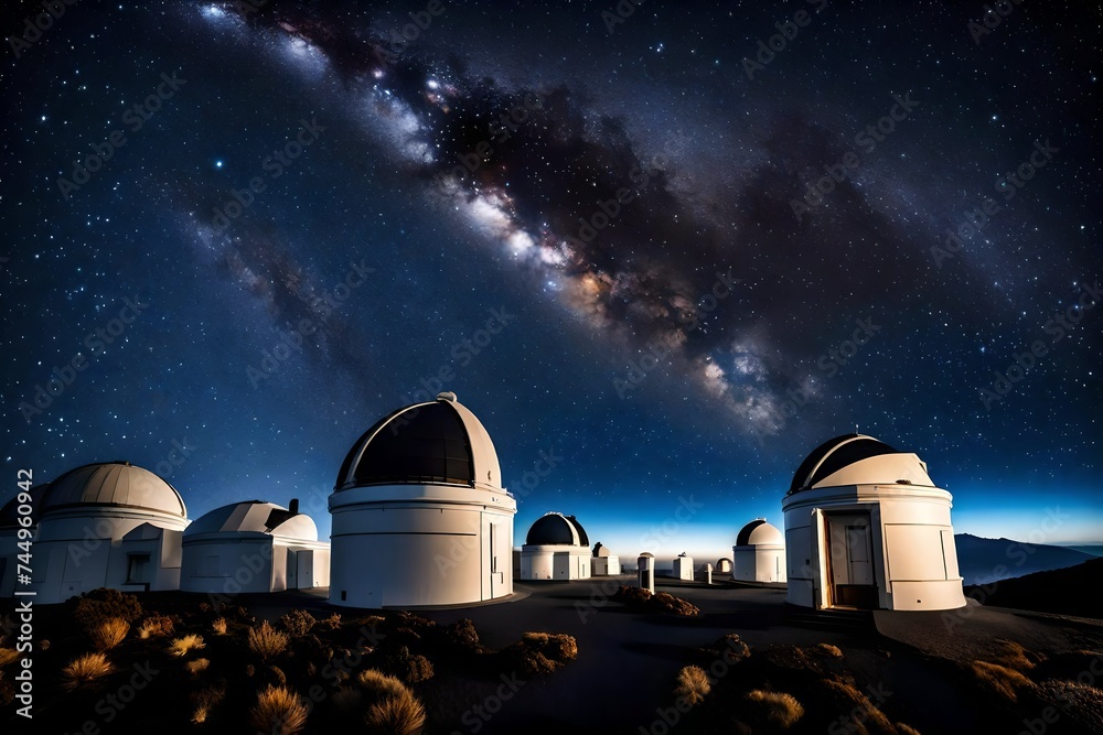 At the Teide Observatory, poised to unveil the mysteries of the universe, their metallic surfaces reflecting the moonlight At the Teide Observatory, poised to unveil the mysteries of the universe, their metallic surfaces reflecting the moonlight