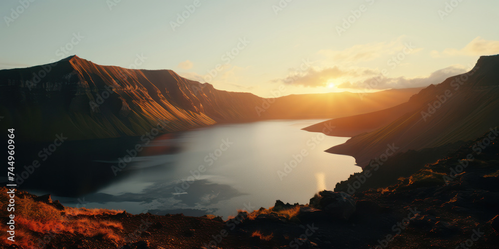 Serene Reflections: A Majestic Mountain Lake at Sunset
