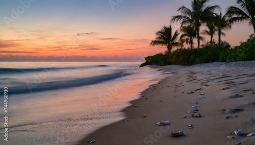 Calming Sunset Beachscape with Palm Trees and Seashells