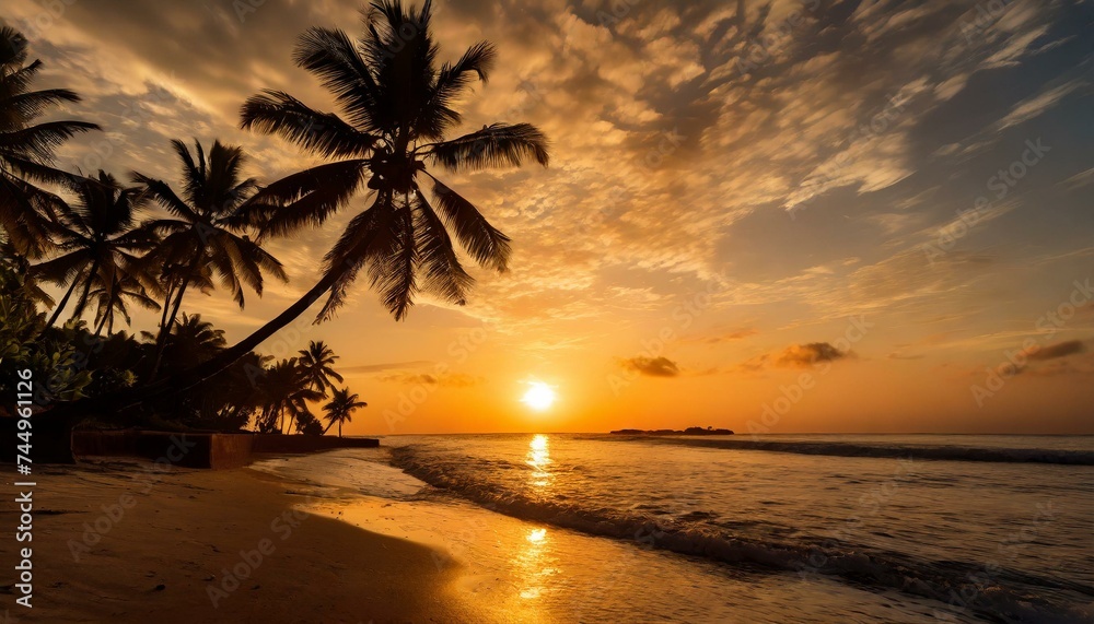 Scenic beach view with palm trees at sunset