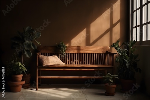Wooden park bench and plants in a room with just one hue © VisualVanguard