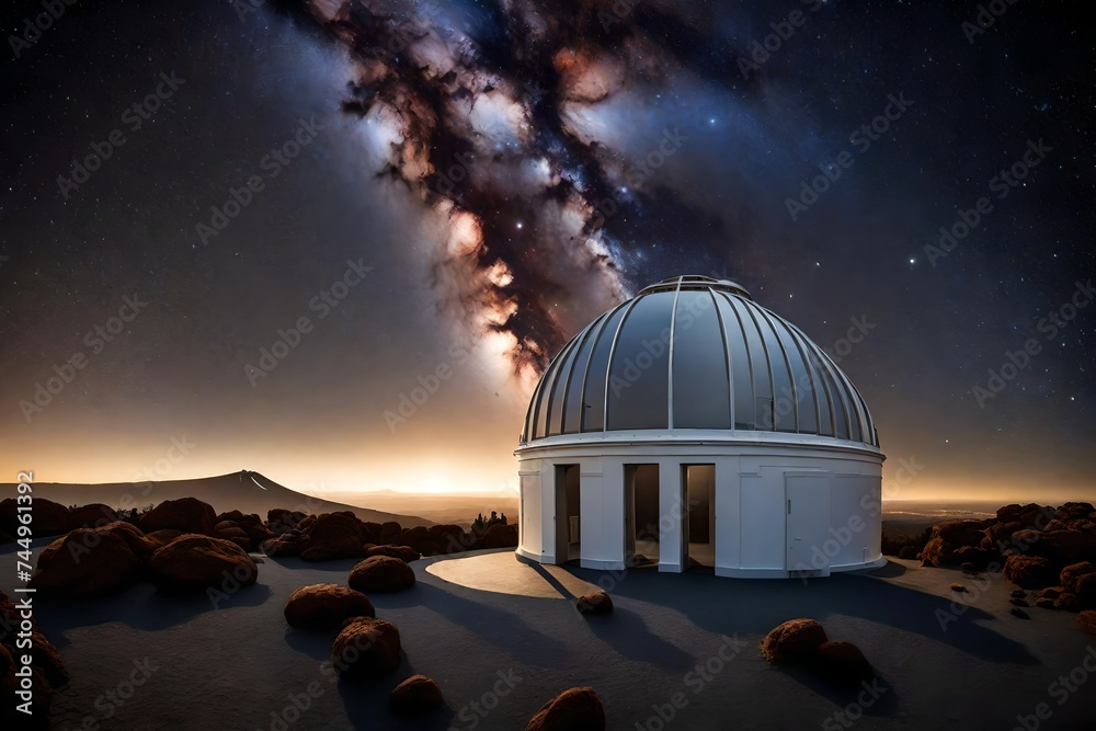 At the Teide Observatory, poised to unveil the mysteries of the universe, their metallic surfaces reflecting the moonlight At the Teide Observatory, poised to unveil the mysteries of the universe, their metallic surfaces reflecting the moonlight
