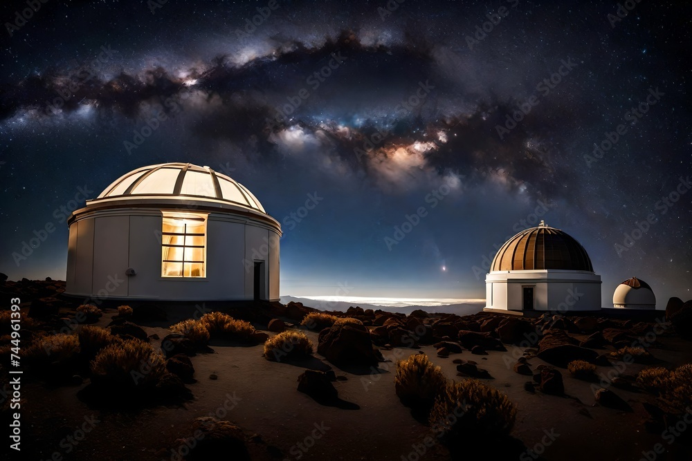 At the Teide Observatory, poised to unveil the mysteries of the universe, their metallic surfaces reflecting the moonlight At the Teide Observatory, poised to unveil the mysteries of the universe, their metallic surfaces reflecting the moonlight