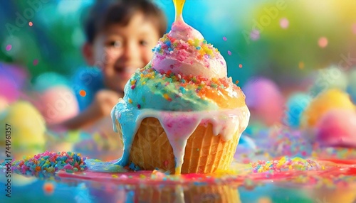 Close-up of a colorful ice-cream with a blurd party celebration background  photo