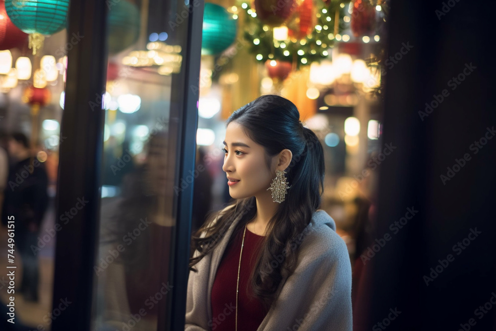 asian woman looks in shopwindow at night time asian woman looks in shopwindow at night time