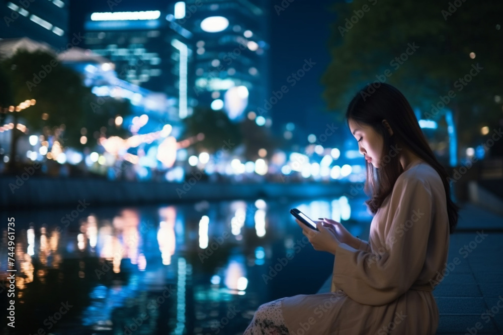 asian woman using a smartphone sitting at cheonggyecheon stream river park at night in seoul city