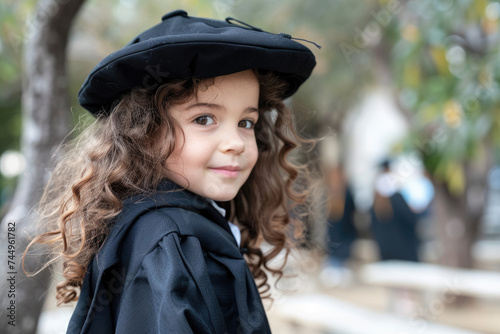 Beautiful little curly elementary school graduate girl wearing graduation gown in school © Kien