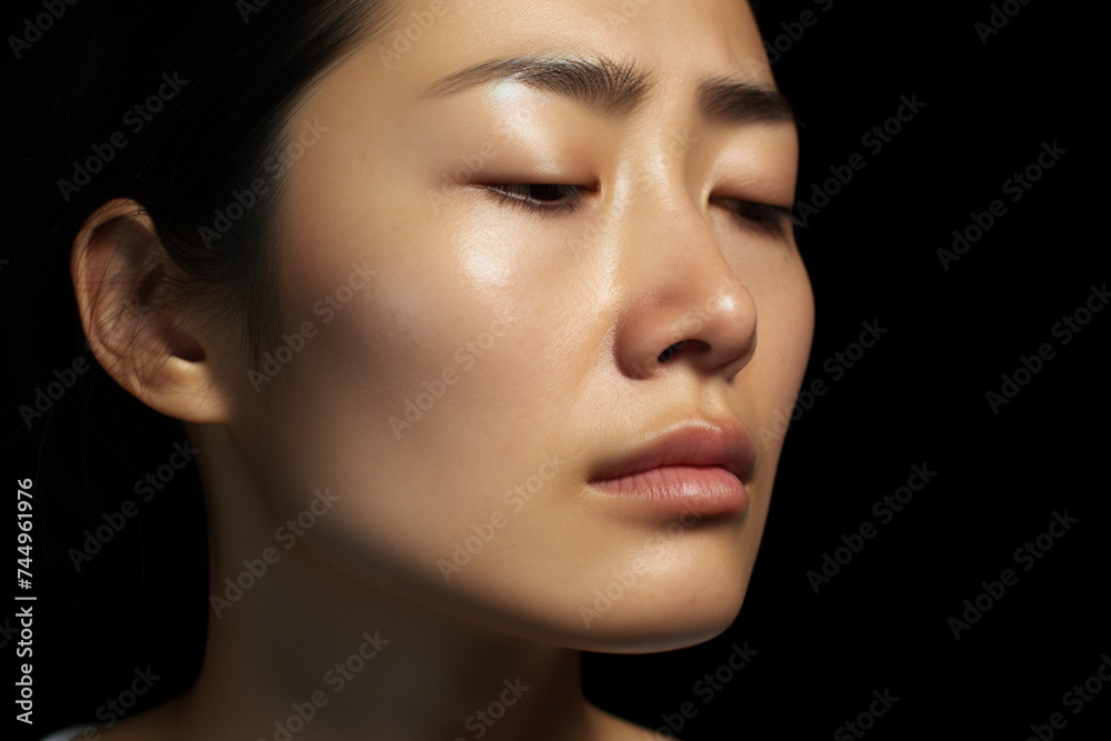 asian woman with tear rolling down on cheek asian woman with tear rolling down on cheek