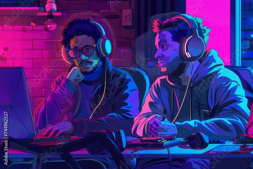 Neon glow envelops two gamers in the zone, a vibrant synergy of concentration and play.

