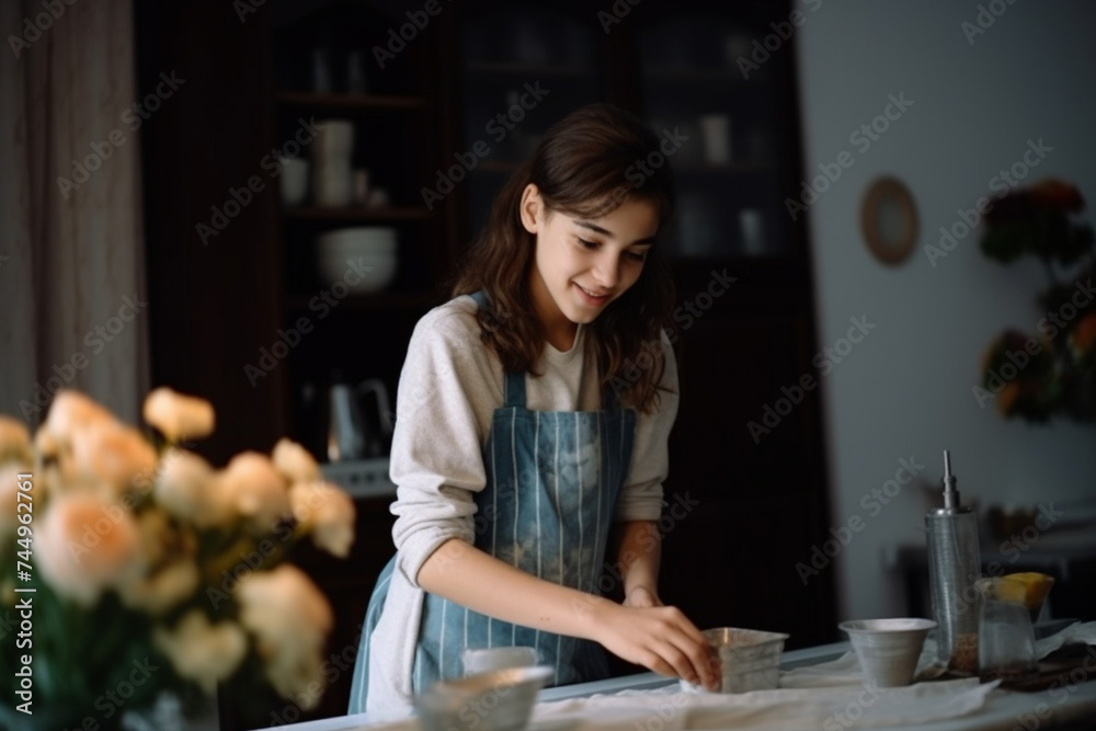 attractive teenager in kitchen apron is cooking something in home kitchen