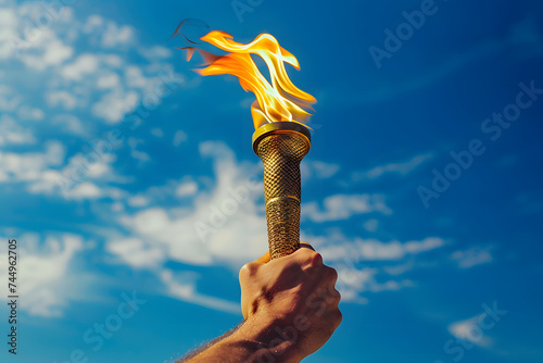 A man hand holds a torch with the flame against a blue sky background