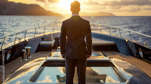 businessman on his luxury yacht, rich people successful corporate lifestyle