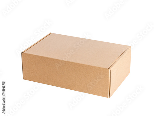 A closed brown cardboard box on a white background without a picture and lettering on different sides.