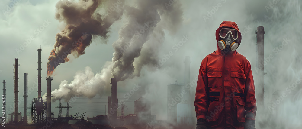 Problem of growing greenhouse effect, warming and the constant increase in concentration of temporary substances in air. Human in a gas mask in front of smoking factory. Extremely polluted atmosphere.