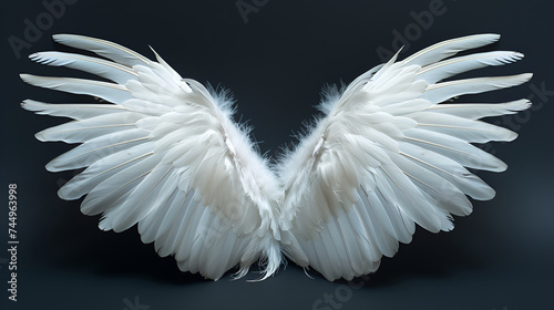 A pair of angle's white feather wings, top lights, isolated on simple background. generative ai