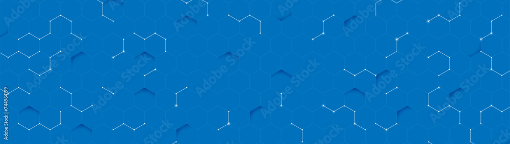Abstract background with blue hexagon and light lines futuristic technology. Clean horizontal banner. Vector illustration - obrazy, fototapety, plakaty 