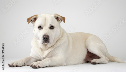  A beautiful dog sitting on the white backgroundside view of adorable dog laying down white background 