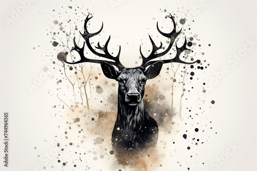 Abstract Stag Illustration with Splatter Background. 