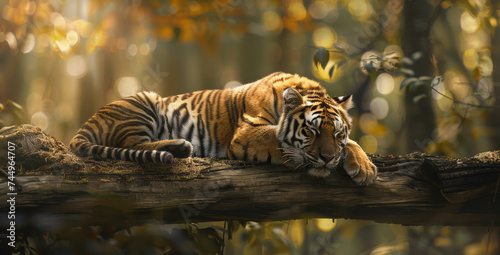 Serene sunbeams bathe a majestic tiger, slumbering peacefully on a moss-covered log in the heart of a pristine forest. Tranquility reigns in this wild paradise
