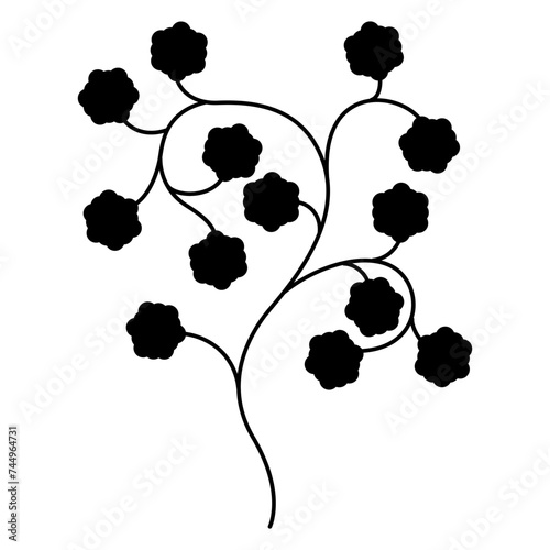 Stylized branch with fruits or berries. Folk style. Medieval botanical motif. Black silhouette on white background.