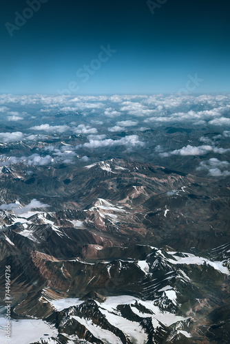 Aerial top view of brown snow covered Himalayan range from an air plane in Leh