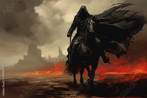 cloaked man rinding a black horse waving a flag with some kind of symbol, digital art style
