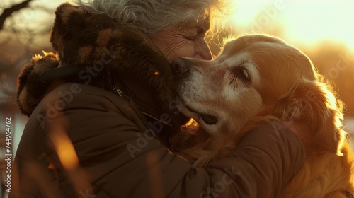 Close-up of a tender moment as an elderly woman lovingly hugs her Golden Retriever in the golden sunset light.