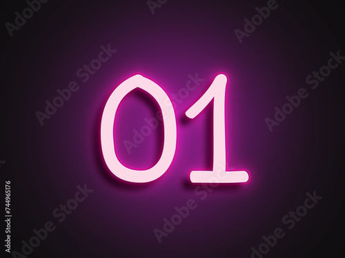 Neon light 3d logo of number 01 on glowing background.