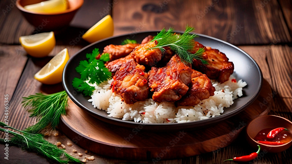 Fototapeta premium Fried meat with rice
