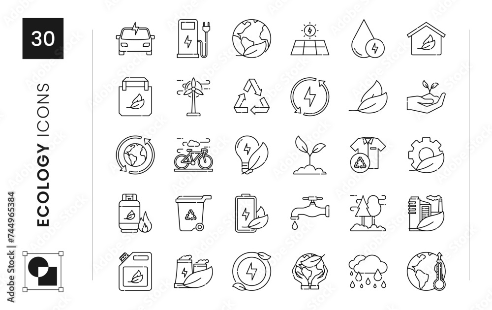 Ecology icon set. sustainability, climate change, renewable, biological, planet, solar, globe. Vector outline icon illustration Ecology icon set. sustainability, climate change, renewable, biological, planet, solar, globe. Vector outline icon illustration