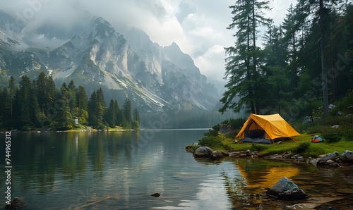 A picturesque camping site in nature with tents and campfire, forest, lake, mountain, generated by AI