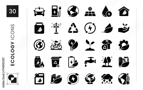 Ecology icon set. sustainability, climate change, renewable, biological, planet, solar, globe. Vector solid icon illustration