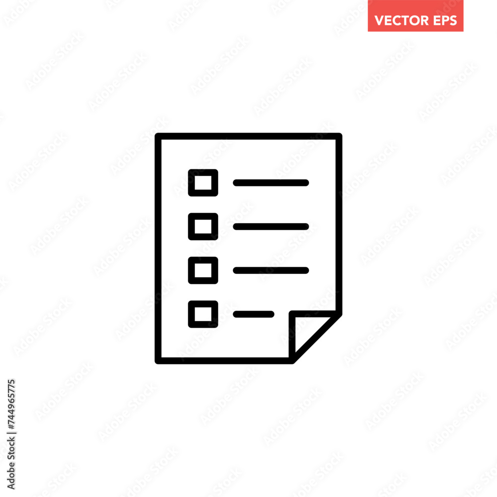 Black single checklist line icon, simple document paper graphic flat ...