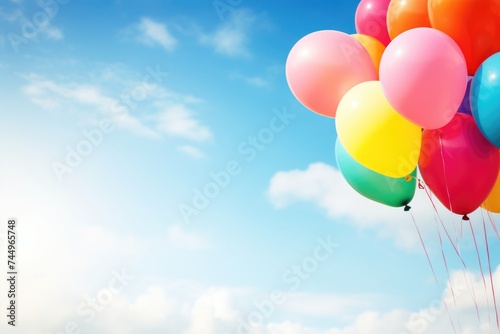 Colorful balloons with strings forming a border around the text area