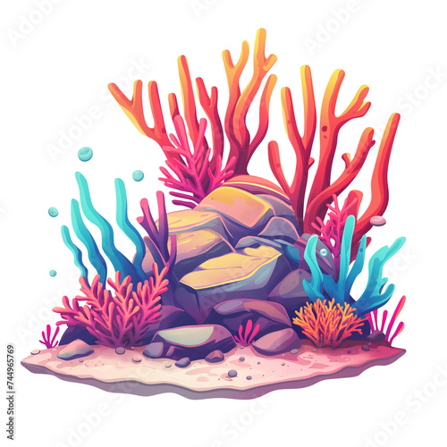 Tropical coral reef teeming with fish and vibrant coral, surrounded by lush nature and delicate hands in a stunning vector illustration