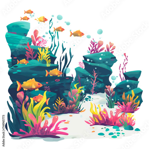 Ocean-themed cake illustration with candles amidst underwater flora and fauna photo