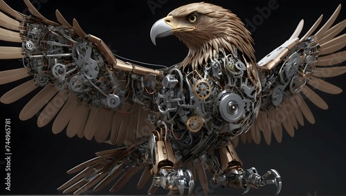 "Explore the intricate inner workings of the robotic eagle, with its exposed wires and gears creating a mesmerizing visual display in this photorealistic render."