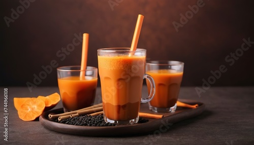 Composition with delicious traditional thai tea background
