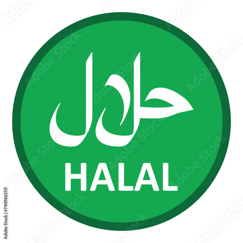 halal icon with arabic and english white text on green background. halal label, symbol, sticker for food or product package. vector illustration on transparent background. photo