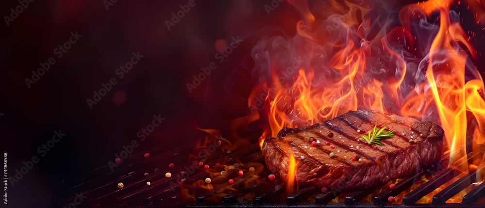 Grilling steaks on a fiery grill