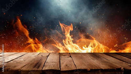 Combustible Charm: Wooden Table with Fire Flames and Smoke