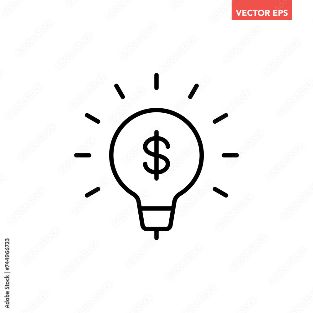 Single black light bulb with dollar mark line icon, simple financial idea graphic flat design interface infographic element for app ui ux web button, vector isolated on white background Single black light bulb with dollar mark line icon, simple financial idea graphic flat design interface infographic element for app ui ux web button, vector isolated on white background