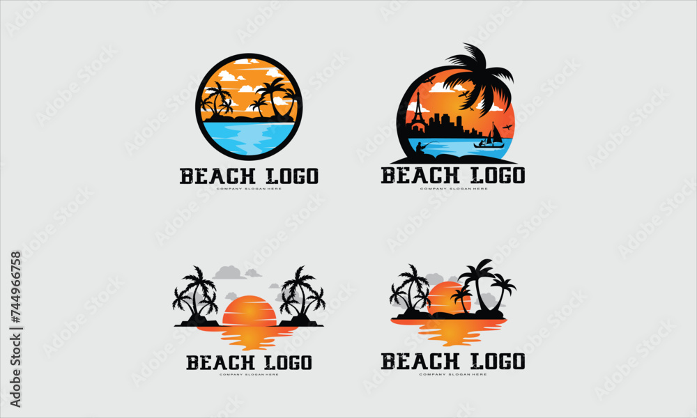 vector beach logo template with sunset, coconut trees, fishing boats, sailboats, and flying birds, ocean waves, retro circle design concept Free Vector vector beach logo template with sunset, coconut trees, fishing boats, sailboats, and flying birds, ocean waves, retro circle design concept Free Vector
