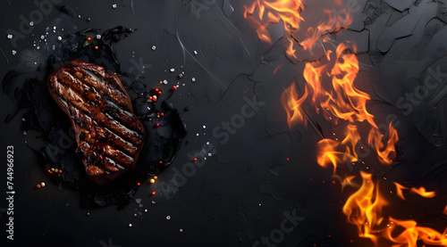 grilled ribeye steak with spices on stone background with copy space for your text