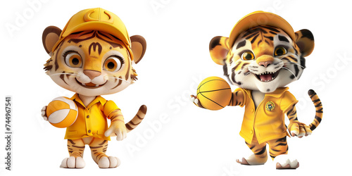 illustration of a tiger holding a ball  wearing a yellow shirt and hat with a transparent background