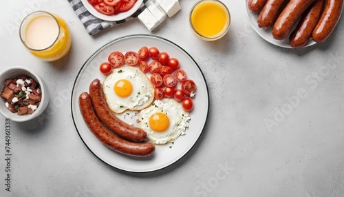 English breakfast - fried eggs, sausages, tomatoes and feta cheese. American food