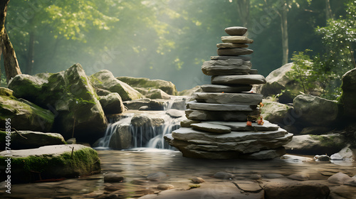 Display an image of stones near a waterfall, creating a soothing soundscape. © Muhammad