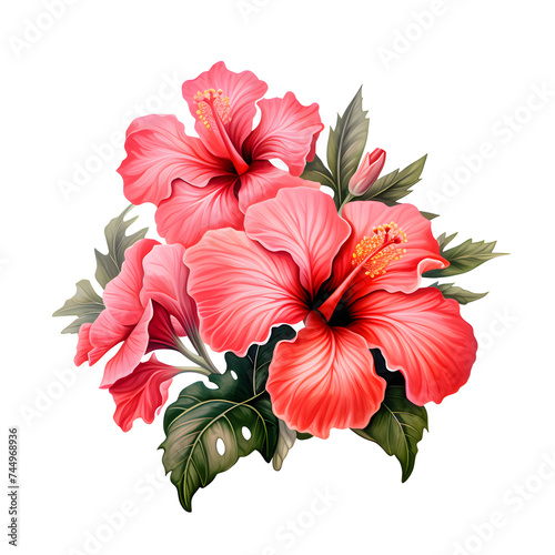Bright large red hibiscus flower and leaf isolated on white transparent background