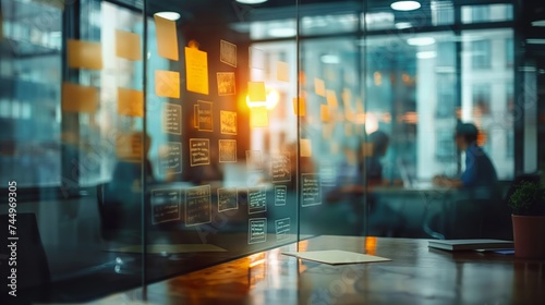 Group of young modern people working and communicating together sit at conference table behind the glass wall in the board room. Blurred background.  © Yuliia