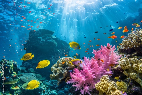 Some corals under the ocean with sun rays shining from them  in the style of naturalist aesthetic  environmental awareness  wetcore  exacting precision  environmental activism  ocean academia  marine 